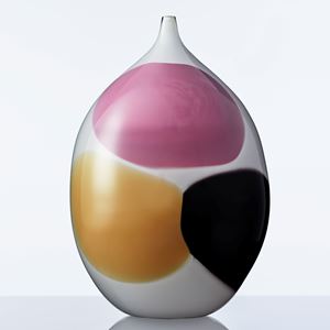 white glass vase sculpture with large pink orange and black dots