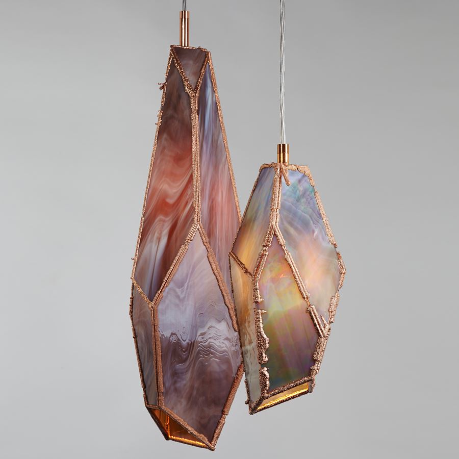 hanging pendant lights in bronze and rich coloured glass