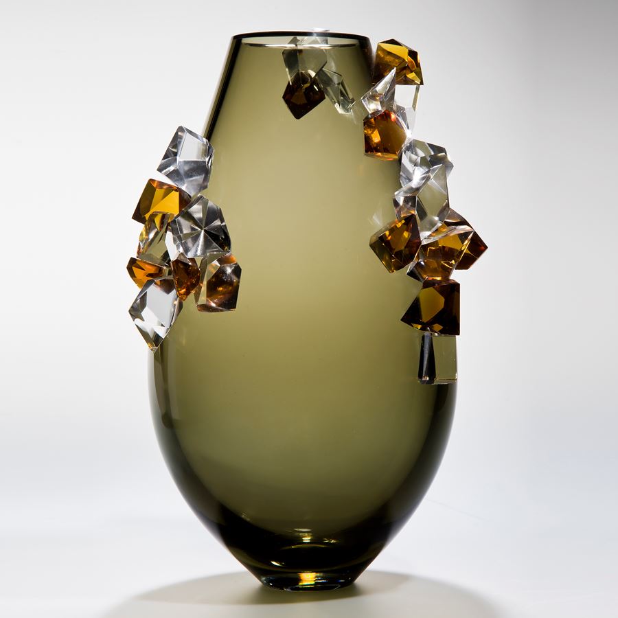 tobacco coloured art glass vase with external coloured crystal adornment