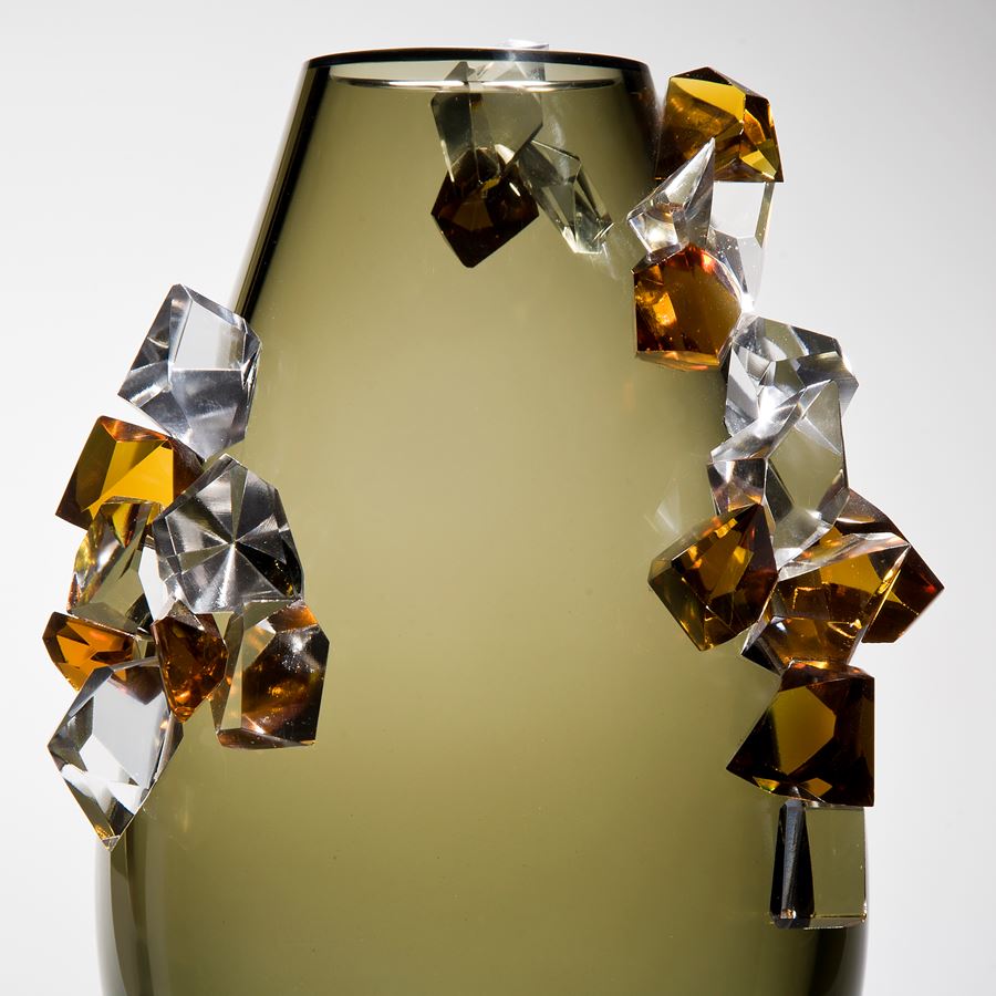tobacco coloured art glass vase with external coloured crystal adornment