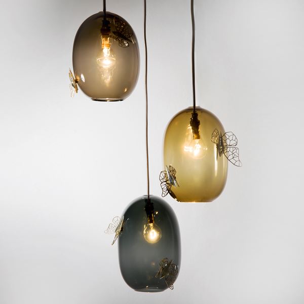 hanging light with round glass baubles decorated with butterflies and moths