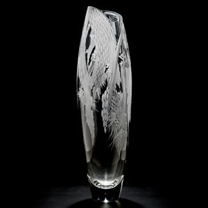tall clear glass vase sculpture with engraved floral pattern