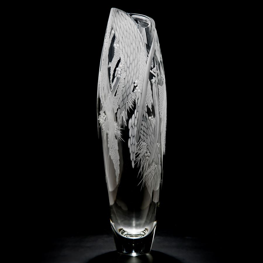 tall clear glass vase sculpture with engraved floral pattern