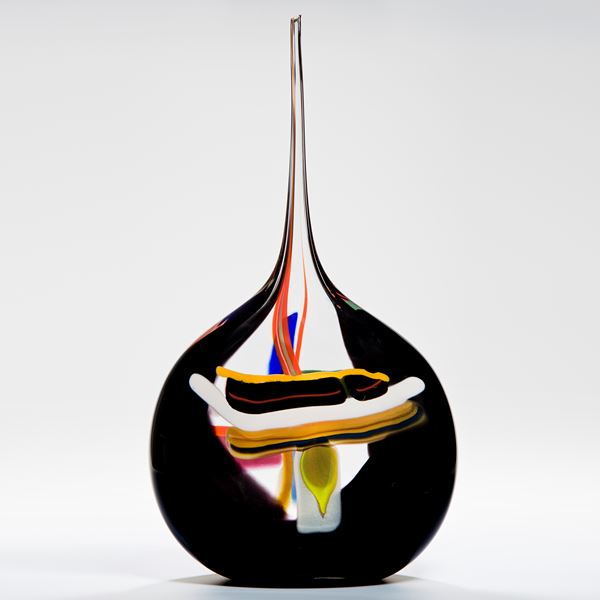 abstract modern art glass vase with round black base colourful pattern and long thin neck