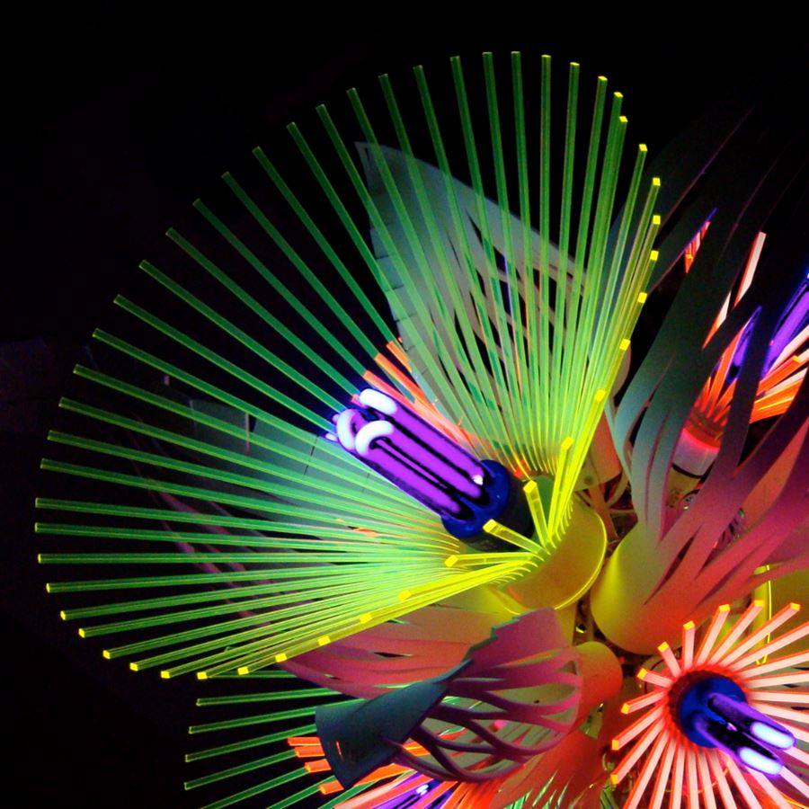 neon acrylic lighting installation formed of flower shaped blooms