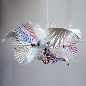 sculptured acrylic chandelier in abstract shape in white and neon colours 