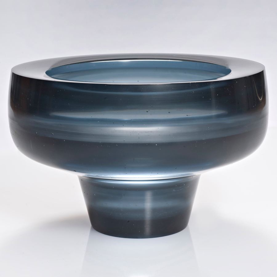 dark grey sculpted glass bowl with thin base