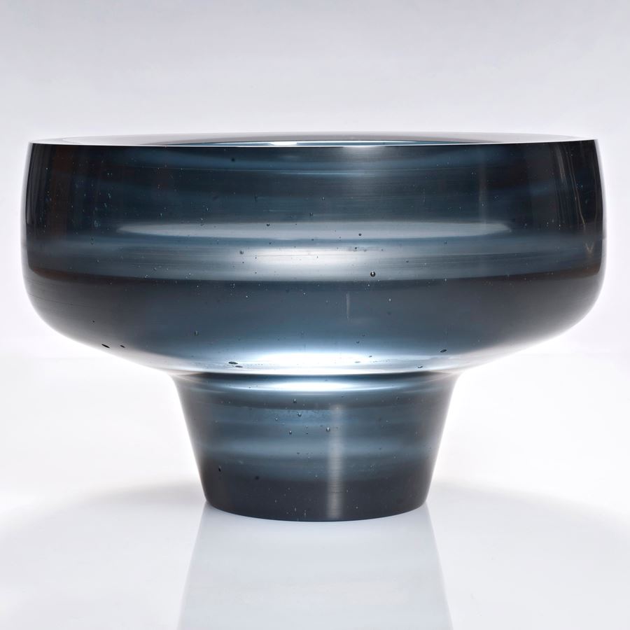 dark grey sculpted glass bowl with thin base