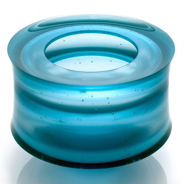 cast glass vessel centrepiece sculpture in blue green turquoise