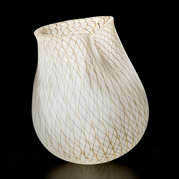 white glass art basket with faint gold pattern