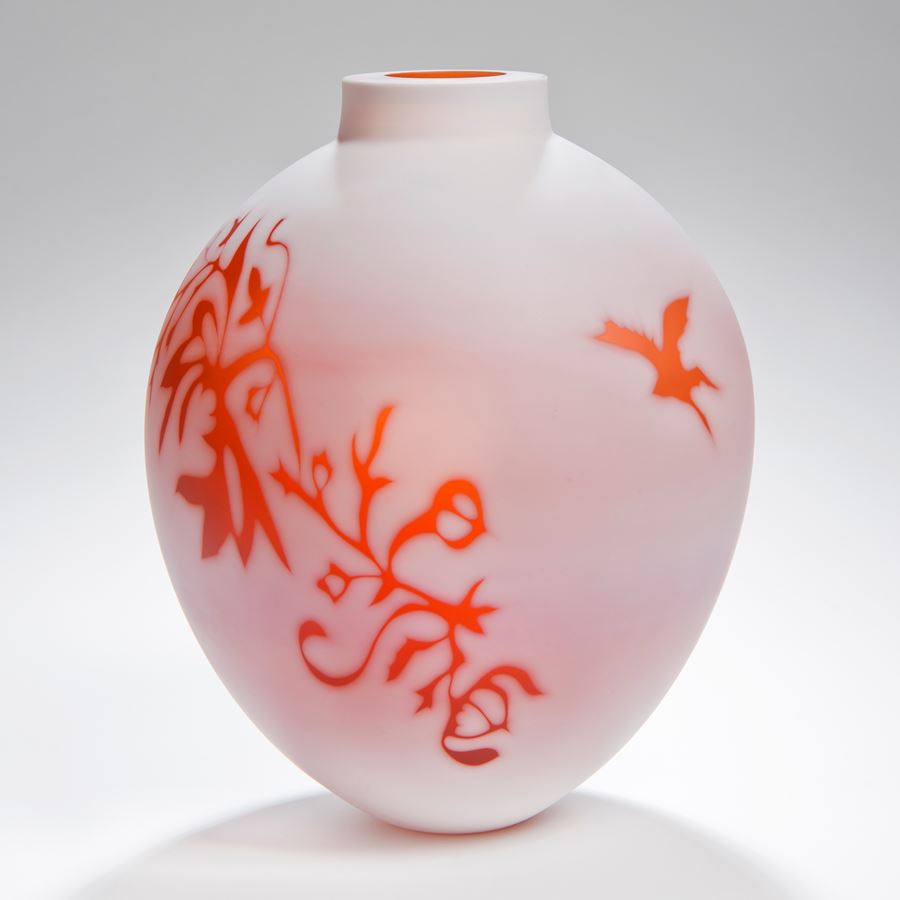 cameo art glass vase in white with orange pattern