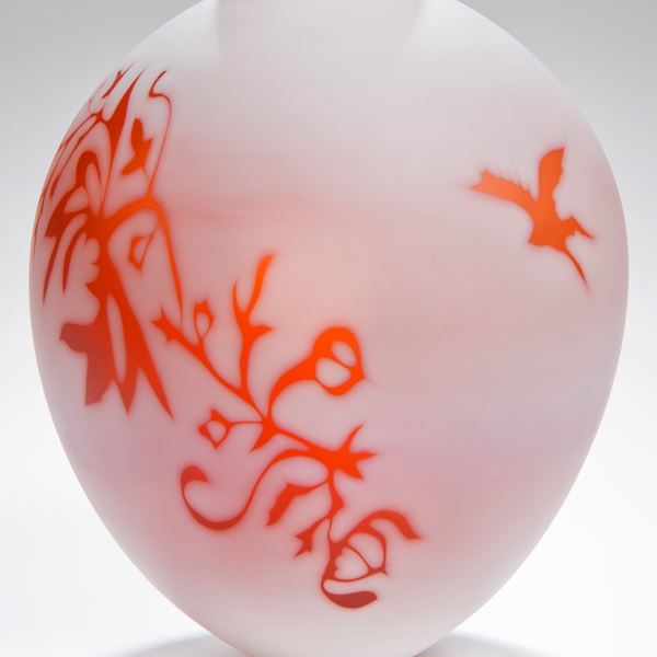 cameo art glass vase in white with orange pattern
