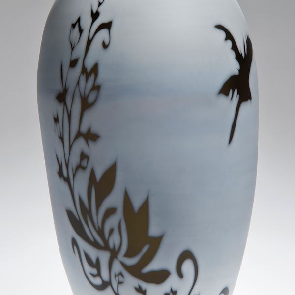 tall cameo glass vase in white with black and gold floral pattern