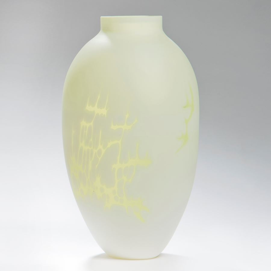 cameo art glass vase in white with yellow patterning