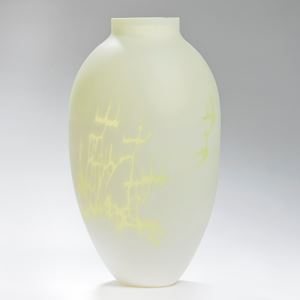 cameo art glass vase in white with yellow patterning