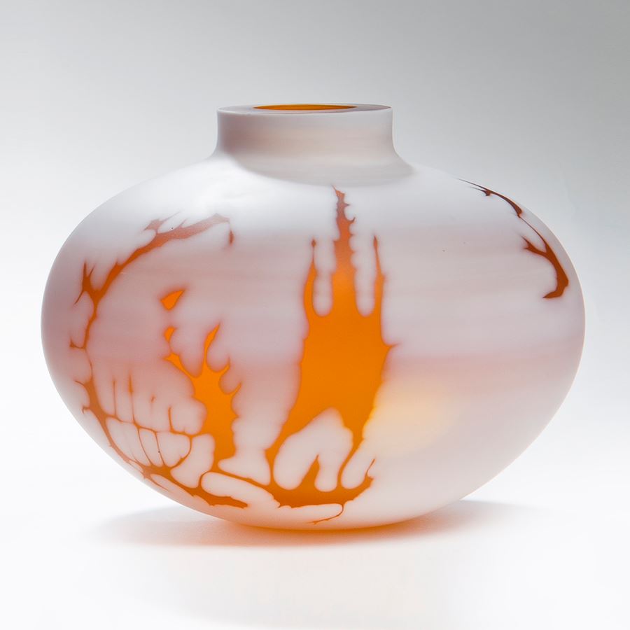 short cameo glass vase sculture in marble white with orange motif