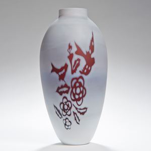 tall cameo glass vase in creamy white with burgandy floral motifs