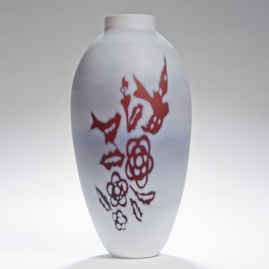 tall cameo glass vase in creamy white with burgandy floral motifs