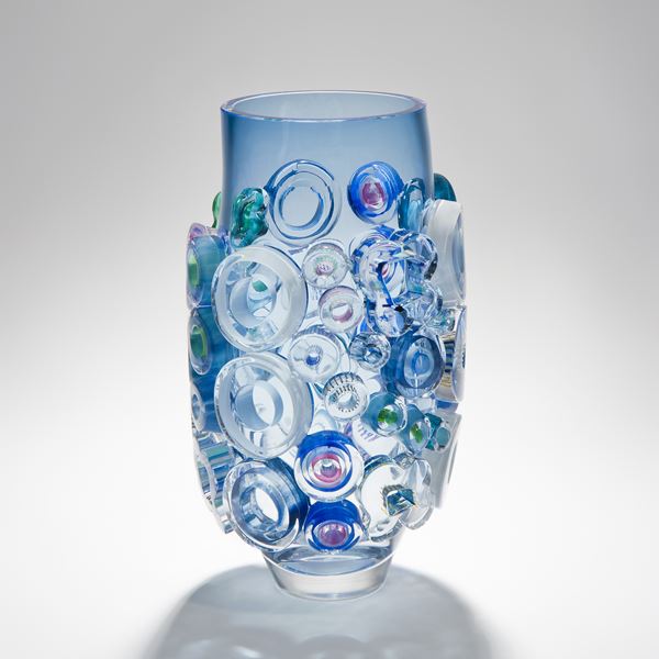 aquamarine handblown glass vase art sculpture with external circular decorations 