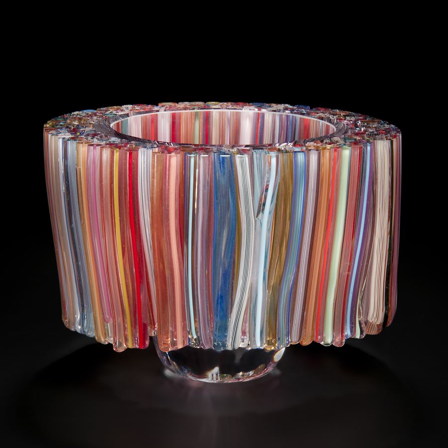 multicoloured modern art glass sculpture resembling lampshade with hollow centre