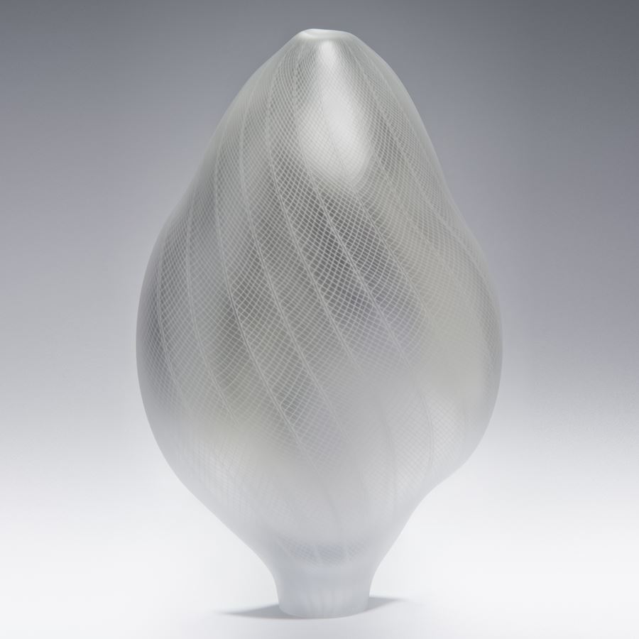 modern art glass vase ornament in light grey with thin bottom and decorative cross-patterned exterior