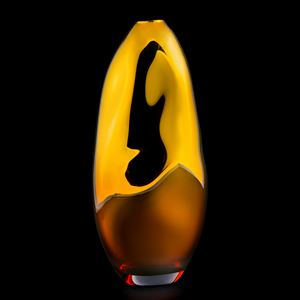 handblown and sculpted decorative glass ornamental vase in yellow, gold and black