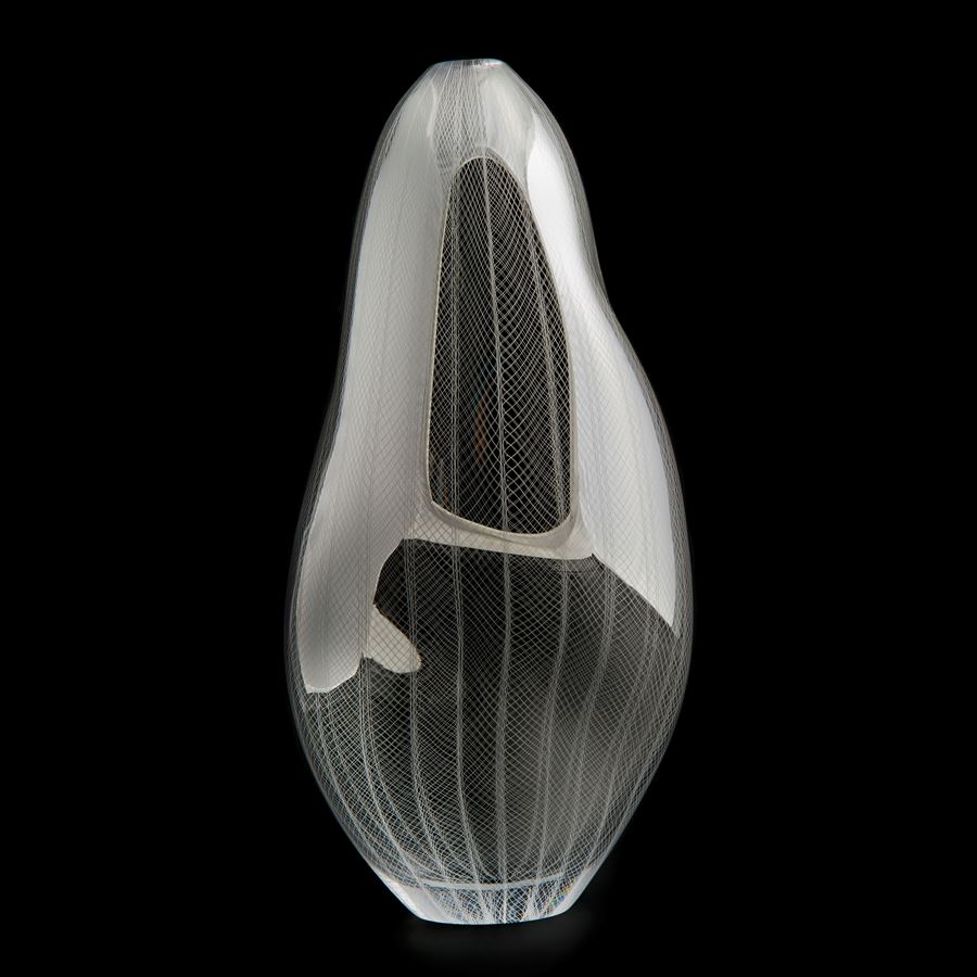 handblown sculpted decorative glass vase in light and dark silver with lined and checked engraved pattern