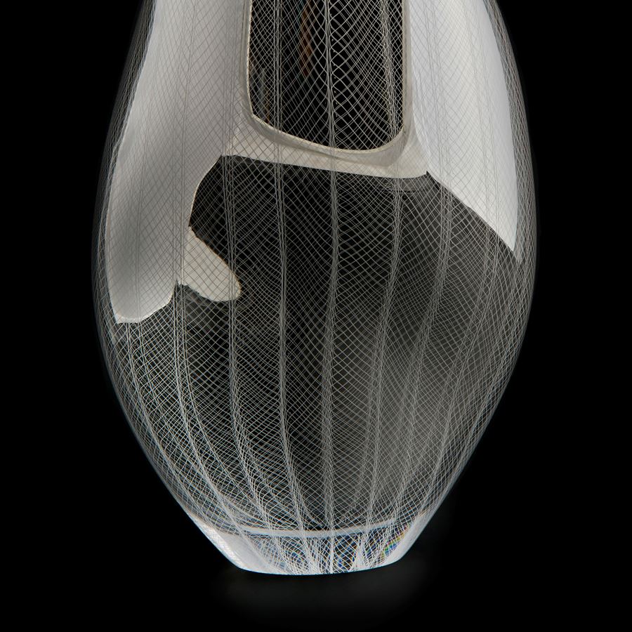 handblown sculpted decorative glass vase in light and dark silver with lined and checked engraved pattern