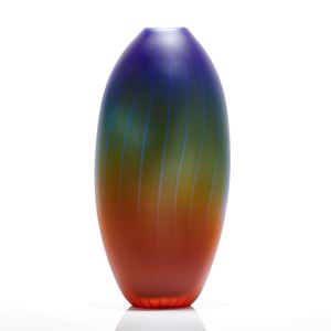 parrot coloured tall hand sculpted glass vase ornament with faint line and checked eternal engraving