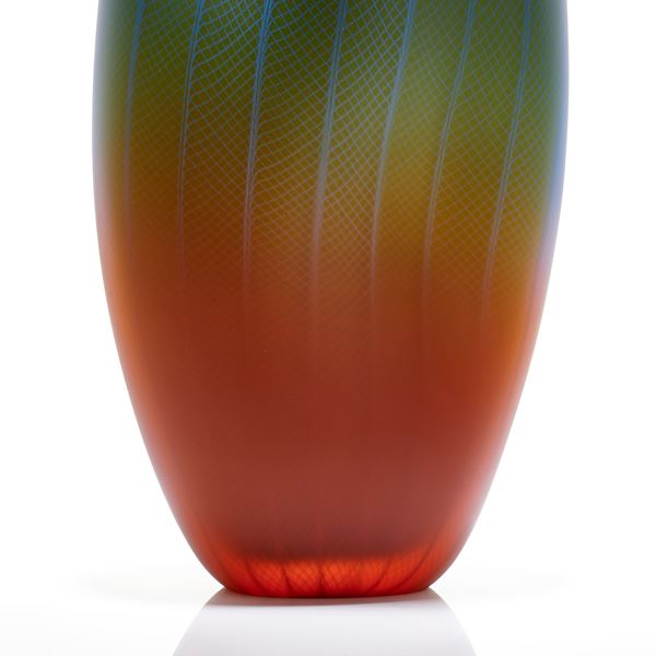 parrot coloured tall hand sculpted glass vase ornament with faint line and checked eternal engraving
