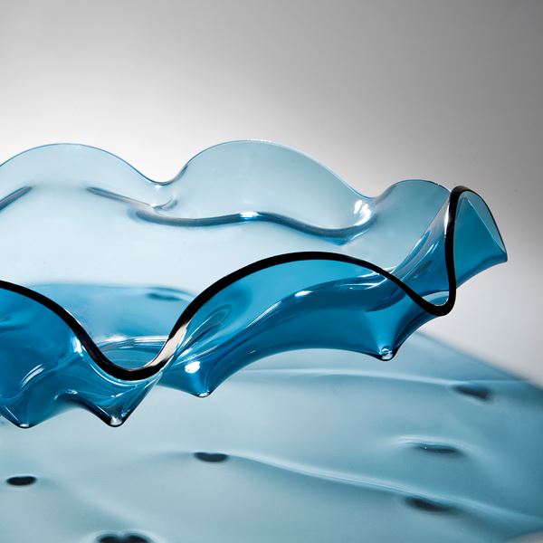 aqua blue art glass bowl sculpture with rippled edge pattern