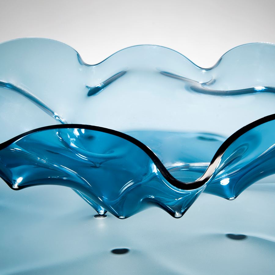 aqua blue art glass bowl sculpture with rippled edge pattern