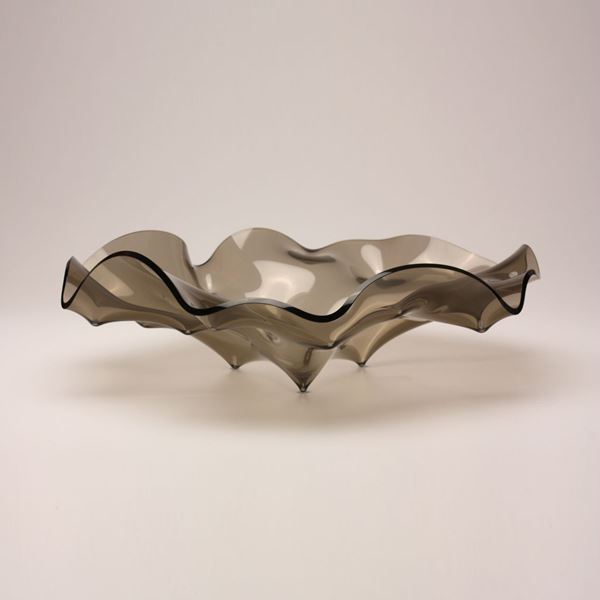 bronze grey art glass low bowl sculpture with rippled shape