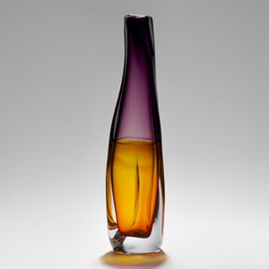 tall sculpted glass vessel in orange and purple