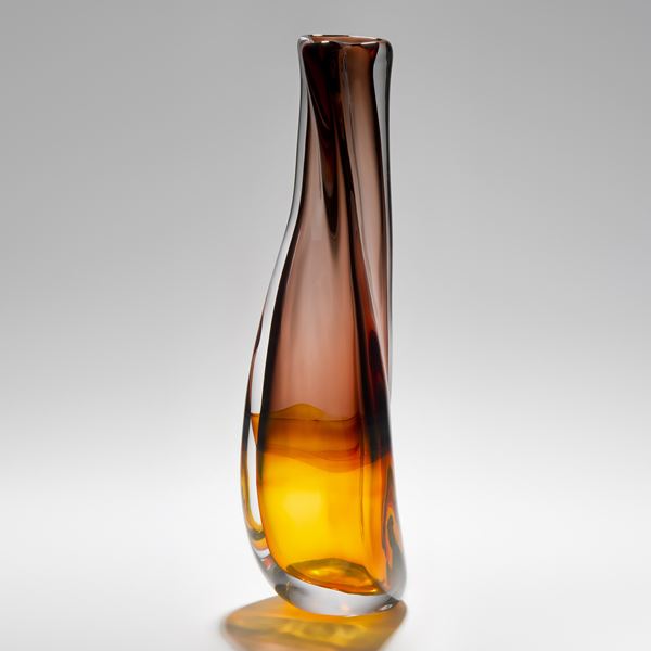 decorative art glass vase with amber coloured base and plum coloured top