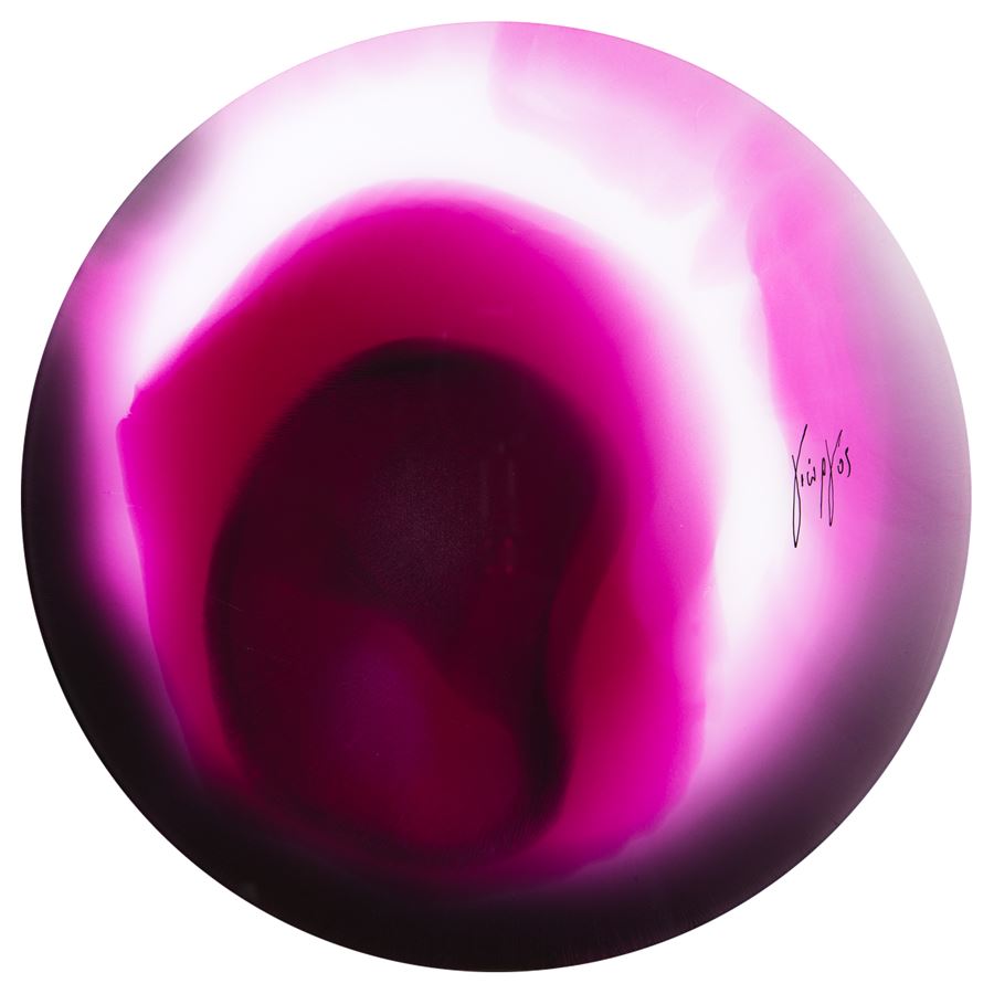 pink and purple coloured round art glass sculpture 