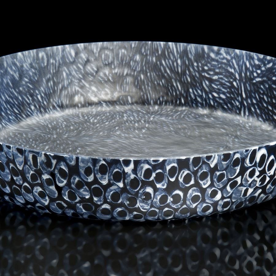 black silver and blue sculpted glass decorative platter with circular patterned edges
