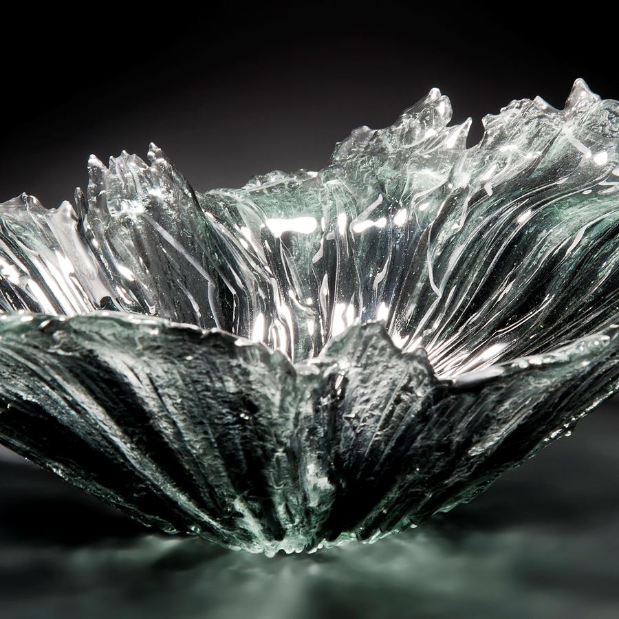 hand cut glass coral bowl sculpture in grey
