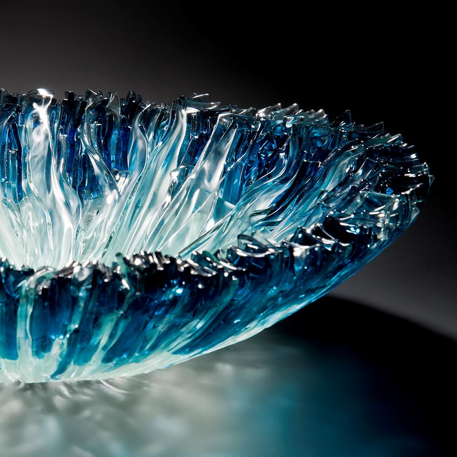 glass bowl sculpture from hand cut glass shards in aqua