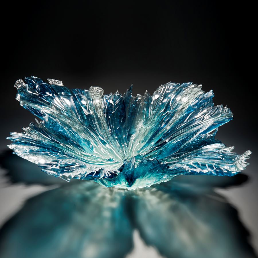 aqua art-glass bowl sculpture with protruding edges