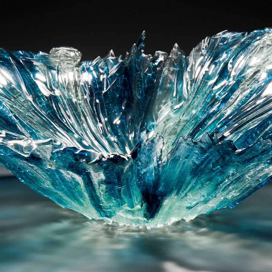 aqua art-glass bowl sculpture with protruding edges