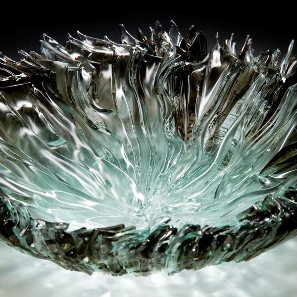 kiln formed glass bowl sculpture in broze aqua and grey