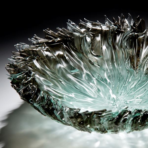 kiln formed glass bowl sculpture in broze aqua and grey