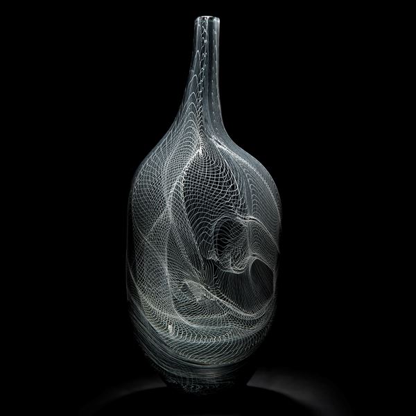 modern grey art-glass vase with intricate white cane pattern