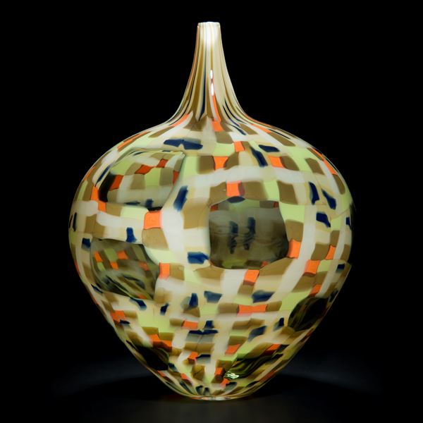 round modern murrini glass vase sculpture in patterned grey green and orange