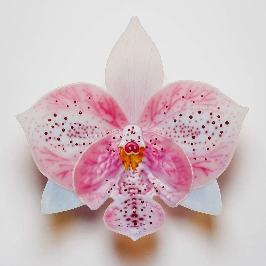 sculpted glass art of an exotic orchid in white and pink