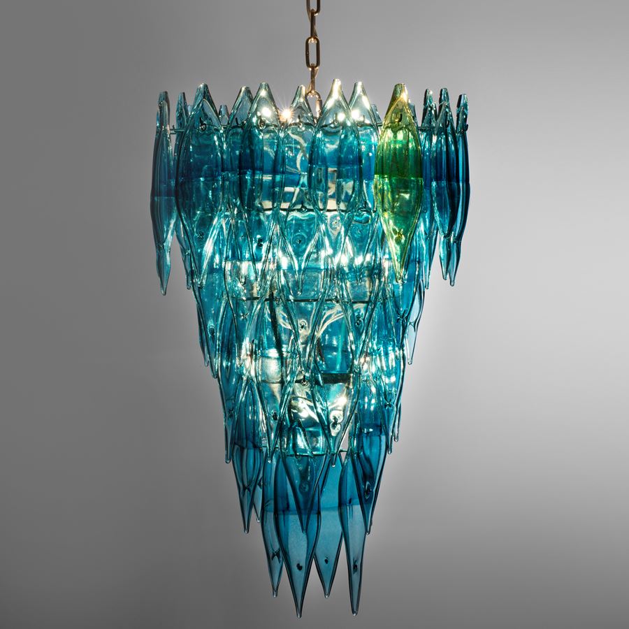 art glass chandelier in white glass and steel
