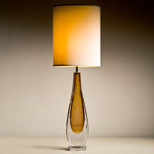 table lamps with hand blown glass base in aubergine and blue