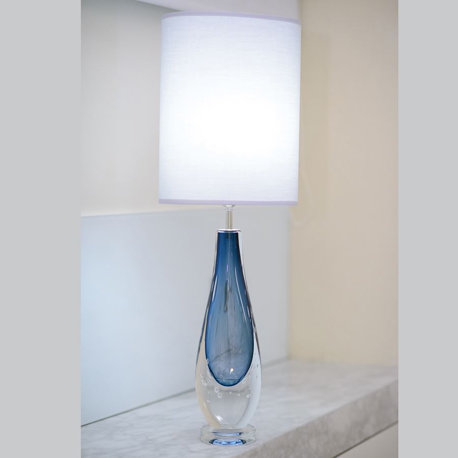 table lamps with hand blown glass base in aubergine and blue