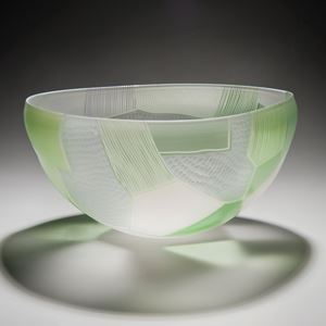glass art bowl sculpture in green and white